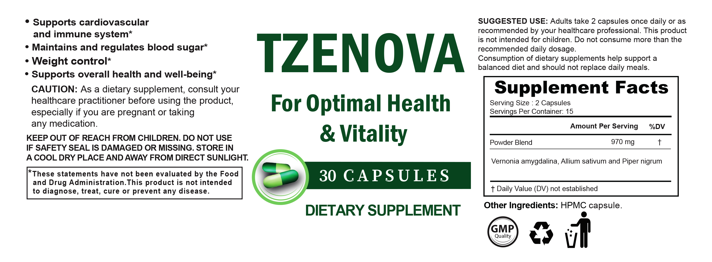 Tzenova Supplement Label
